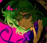  1girl black_hat closed_mouth expressionless green_eyes green_hair hair_between_eyes hat heart heart_of_string holding holding_phone komeiji_koishi medium_hair phone pink_background pink_pupils portrait shirt short_hair simple_background solo touhou xian_qishui yellow_shirt 