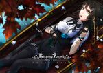  asuka_kuroji autumn autumn_leaves bad_id bad_pixiv_id banned_artist black_bow black_gloves black_hair black_legwear black_neckwear blue_flower blue_rose boat bow bowtie breasts collared_shirt dagger dappled_sunlight day fang flower from_above glint gloves green_eyes hair_between_eyes hair_ornament hairclip heart_cutout highres looking_at_viewer looking_up lying medium_breasts on_back outdoors pantyhose pink_lips rose sheath sheathed shirt short_sleeves sunlight sword thigh_strap water watercraft weapon white_shirt wing_collar 