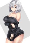  alternate_costume bare_shoulders black_dress blue_eyes blush breast_hold breasts cleavage collarbone commentary_request cowboy_shot dress eyes_visible_through_hair hair_ornament hair_over_one_eye hairclip hamakaze_(kantai_collection) highres kantai_collection kinntarou large_breasts looking_at_viewer off-shoulder_dress off_shoulder parted_lips short_dress short_hair silver_hair solo sweater sweater_dress 