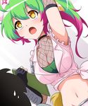  ahoge arm_up armpits bioroid_hei blush breasts buttons clipboard elbow_gloves fingerless_gloves fishnets frills fuuma_kotarou_(sengoku_collection) gloves gradient_hair green_hair hair_between_eyes hat long_hair medium_breasts midriff multicolored_hair navel open_mouth out_of_frame print_hat purple_hair sengoku_collection shirt shuriken side-tie_costume sleeveless solo_focus tied_shirt two-tone_hair yellow_eyes 