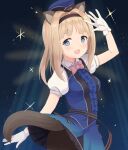  1girl animal_ears black_pantyhose blonde_hair blue_eyes blush breasts gloves hairband hide_0 long_hair looking_at_viewer luminous_witches maria_magdalena_dietrich medium_breasts night night_sky open_mouth outdoors panties panties_under_pantyhose pantyhose short_eyebrows sky solo squirrel_ears squirrel_girl squirrel_tail standing star_(sky) tail underwear white_gloves world_witches_series 