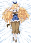  :d artist_name bed_sheet blonde_hair blue_bow bow breasts brown_dress brown_footwear cravat dakimakura disgaea dress full_body hair_bow highres iwasi-r large_breasts liezerota long_hair looking_at_viewer lying makai_senki_disgaea_5 on_back open_mouth shirt shoes smile solo tail yellow_eyes 