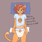 abuniverse ageplay ambiguous_gender angry annoyed anthro bedtime_buck blue_clothing blue_shirt blue_topwear clean_diaper clothed clothing dialogue diaper diaper_change domestic_cat duo english_text felid feline felis frown fur green_eyes hair hi_res little_kings little_kings_(diaper) lying male mammal offscreen_character on_back orange_body orange_fur pillow red_background roleplay shirt short_hair simple_background solo_focus text topwear wearing_diaper wetness_indicator