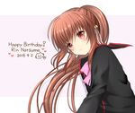  2016 brown_hair dated hair_ornament happy_birthday little_busters! long_hair natsume_rin ponytail red_eyes school_uniform smile solo zaki_(negitorooic) 