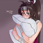  ahoge bandaged_arm bandages black_eyes black_hair blush dated grey_background headband kaname_(sennen_sensou_aigis) long_hair lowres miniru pillow pillow_hug ponytail sennen_sensou_aigis solo upper_body very_long_hair 