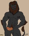  2016 abs anthro armpits balls biceps big_penis black_fur brown_hair erection feline fur hair ishiga-san lion male male/male mammal muscular muscular_male nipples nude pecs penis simple_background smile solo species_change standing yamato_iouko 