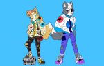 2020 anthro blue_background blue_bottomwear blue_clothing blue_pants bottomwear canid canine canis ccaimeo chain chest_tuft clothing coat dipstick_tail duo earth electronics eye_patch eyewear footwear fox fox_mccloud fur green_eyes grey_body grey_fur hand_in_pocket hat headgear headphones headwear hi_res looking_at_viewer male mammal markings moon music_player nasa nintendo orange_clothing orange_hat orange_headwear pac-man pac-man_(series) pants planet pockets purple_clothing purple_footwear purple_shoes radio red_eyes shirt shoes simple_background solo standing star_fox tail tail_markings tan_body tan_fur topwear torn_bottomwear torn_clothing torn_pants torn_shirt torn_topwear tuft wolf wolf_o&#039;donnell yellow_clothing yellow_footwear yellow_shirt yellow_shoes yellow_topwear