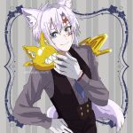  1boy 1other allen_walker animal_ears black_pants black_vest blue_eyes blue_necktie cat_ears cat_tail creature creature_on_shoulder cross d.gray-man facial_mark gloves golem_(d.gray-man) grey_background grey_shirt grey_stripes hair_between_eyes hakahata18 hand_on_own_hip highres looking_at_another looking_at_viewer male_focus necktie on_shoulder pants scar scar_on_face sharp_teeth shirt short_hair sidelocks signature smile star_(symbol) star_facial_mark striped_background tail teeth timcanpy twitter_username vertical-striped_background vest waistband white_gloves white_hair 