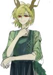  1girl antlers aqua_vest black_skirt blonde_hair closed_mouth cowboy_shot dragon_girl dragon_tail green_shirt highres horns kicchou_yachie looking_at_viewer pointy_ears red_eyes shirt short_hair simple_background skirt solo swept_bangs tail touhou white_background xian_qishui 