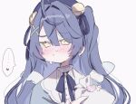 ... 1girl :/ ahoge amamiya_kokoro amamiya_kokoro_(1st_costume) ame_(ametya0_0) angel_wings bag bell beret bib_collar blue_hair blue_hat blue_ribbon blush closed_mouth commentary_request embarrassed frown gift gift_bag hair_bell hair_intakes hair_ornament hair_ribbon hat heart highres holding holding_bag holding_gift incoming_gift jingle_bell long_hair looking_at_viewer mini_wings neck_ribbon nervous_sweating nijisanji nose_blush portrait ribbon simple_background sketch solo spoken_ellipsis spoken_heart sweat two_side_up virtual_youtuber white_background white_wings wings x_hair_ornament yellow_eyes 