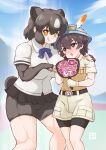  1boy 1girl :p animal_ears bear_ears bear_girl bear_tail bike_shorts bike_shorts_under_shorts bike_shorts_under_skirt black_gloves black_skirt blue_bow blue_bowtie blue_hat blush bow bowtie brown_bear_(kemono_friends) brown_eyes brown_hair brown_shirt bucket_hat captain_(kemono_friends) collared_shirt cowboy_shot elbow_gloves extra_ears fingerless_gloves fist_bump gloves grey_shirt grey_shorts hair_between_eyes hand_fan hat height_difference highres jacket kemono_friends kemono_friends_3 looking_at_another looking_up multicolored_hair muscular muscular_female orange_eyes paper_fan pariparifromage pleated_skirt safari_jacket shirt short_hair short_sleeves shorts sidelocks skirt t-shirt tail tongue tongue_out translation_request two-tone_hair two-tone_shirt white_hair white_shirt 