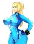 aqua_eyes armpits bangs blonde_hair bodysuit breasts closed_mouth emblem expressionless eyebrows eyebrows_visible_through_hair gloves hair_between_eyes hand_on_hip high_ponytail highres hips impossible_bodysuit impossible_clothes large_breasts legs_together lips long_hair looking_to_the_side metroid mole mole_under_mouth ponytail samus_aran sidelocks signature simple_background skin_tight slender_waist solo super_smash_bros. swept_bangs turtleneck white_background zero_suit zetarok 