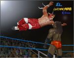 american_mythology anthro bigbadbear bottomwear bovid brown_body brown_fur caprine character_name chupacabra clothing colored detailed_background duo fight fighting_ring fur goat hair hooves humanoid male male/male mammal mask mythology navel orc pants sports_mask sportswear standing text tusks wrestler wrestling wrestling_mask