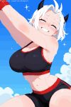  1girl :d antenna_hair archapxl black_shorts black_sports_bra blue_sky blush breasts bright_pupils cloud cloudy_sky crop_top demon_girl demon_horns forehead helltaker highres horns huge_breasts justice_(helltaker) looking_at_viewer navel pixel_art short_shorts shorts sky smile solo sports_bra sweat white_eyes white_pupils 