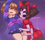  arms_up ass bdsm black_hair black_legwear blush bondage bound bow brown_hair closed_eyes dress extra_eyes fang fewer_digits frisk_(undertale) insect_girl monster_girl muffet multiple_arms multiple_girls open_mouth panties pantyhose pink_panties purple_skin restrained ribbon shirt short_hair short_shorts shorts silk smile spider_girl spider_web trembling two_side_up unbuttoned undertale underwear unzipped unzipping visark yuri 