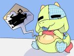 ambiguous_gender animate_inanimate anthro blue_tongue demon dragon duo eyes_closed forked_tongue green_body mythological_creature mythological_scalie mythology plushie scalie scarf seam_(sewing) simple_background simple_coloring spiked_tail spikes spikes_(anatomy) stuffing tail tongue v3sterp0nk vore