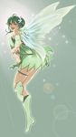  ass bula green_eyes green_hair highres looking_back one_eye_closed original outstretched_arm pointy_ears skindentation thigh_strap wings 