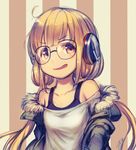  bare_shoulders bespectacled blonde_hair brown_eyes commentary cosplay futaba_anzu glasses headphones idolmaster idolmaster_cinderella_girls jacket kotoribako long_hair looking_at_viewer looking_away low_twintails namesake persona persona_5 sakura_futaba sakura_futaba_(cosplay) signature sketch smile solo striped striped_background tank_top twintails 