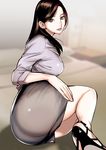  1girl ass breasts brown_eyes brown_hair dtym female gradient_hair high_heels highres huge_ass large_breasts legs lips long_hair looking_back miniskirt no_panties office_lady on_ground original profile see-through shirt shoes skirt solo thick_lips 