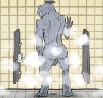 343_industries absurd_res alien backsack balls blush bungie butt claws conditioner crimsontyd darkened_genitalia digitigrade drain floor genitals glistening glistening_body grey_body grey_scales grey_skin halo_(series) hand_on_wall hi_res looking_at_viewer looking_back male microsoft orange_eyes rear_view ridges saggy_balls sangheili scales shampoo shampoo_bottle shower solo steam tile tile_floor tile_wall wall_(structure) water wet wet_body xbox_game_studios