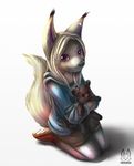  anthro canine clothed clothing female fur grey_nose hair inner_ear_fluff kneeling mammal purple_eyes simple_background smile solo teddy_bear thanshuhai white_background white_fur white_hair 