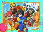  6+girls arm_cannon black_hair blue_bodysuit blue_coat blue_eyes blue_hair bodysuit bomb_man brown_hair coat commentary_request cut_man derivative_work dress elec_man fiery_hair fire_man genderswap genderswap_(mtf) group_picture guts_man helmet hood hood_up hooded_coat ice_man mega_man_(character) mega_man_(classic) mega_man_(series) mega_man_1 multiple_girls orange_hair purple_eyes short_hair togeshiro_azami video_game_cover_redraw weapon white_dress 