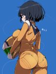  1girl ass black_hair blue_background blue_eyes blush_stickers bodysuit breast_press breasts from_behind gloves gundam gundam_gquuuuuux helmet highres hirowa_nagi messy_hair orange_bodysuit orange_helmet shiiko_sugai short_hair simple_background skin_tight solo sweat thighs white_gloves 
