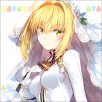  ahoge blush breasts bridal_veil fate/extra fate/extra_ccc fate_(series) gloves green_eyes hair_intakes hakusai_(tiahszld) looking_at_viewer medium_breasts nero_claudius_(bride)_(fate) nero_claudius_(fate)_(all) sidelocks smile solo upper_body veil white_gloves 
