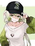  1girl animal_ears bare_shoulders baseball_cap black_bra bra breasts cleavage cleavage_cutout clothing_cutout ferret ferret_ears ferret_girl fish fishing gradient_hair green_eyes green_hair green_nails green_sweater hair_between_eyes hat highres indie_virtual_youtuber laimu_(vtuber) laimu_(vtuber)_(cozy) long_hair looking_at_viewer medium_breasts meme meme_attire multicolored_hair pink_nails simple_background sweater ttsyrene twintails two-tone_hair underwear uwu vinesauce virtual_youtuber white_hair white_sweater women_want_me_fish_fear_me_(meme) 