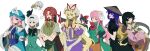  6+girls absurdres black_hair blonde_hair bow braid brown_eyes closed_mouth crossed_arms frilled_sleeves frills hakurei_reimu hat hat_ribbon hata_no_kokoro highres hijiri_byakuren hong_meiling houraisan_kaguya izayoi_sakuya japanese_clothes konpaku_youmu long_hair looking_at_viewer mob_cap multicolored_hair multiple_girls open_mouth pink_eyes pink_hair profile puffy_short_sleeves puffy_sleeves red_bow red_eyes red_hair red_ribbon ribbon saigyouji_yuyuko short_sleeves simple_background skirt skirt_set smile touhou triangular_headpiece twin_braids two-tone_hair v very_long_hair wavy_hair white_background white_bow wide_sleeves xian_qishui yakumo_yukari yawning 
