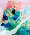  2girls black_hairband blue_dress dress frilled_skirt frills green_eyes green_skirt green_vest hair_intakes hairband konpaku_youmu konpaku_youmu_(ghost) long_hair long_sleeves multiple_girls pink_hair red_eyes saigyouji_yuyuko shirt short_hair skirt touhou triangular_headpiece vest white_hair white_shirt wide_sleeves xian_qishui 