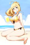  :p ahoge arm_behind_back barefoot beach beer_mug bikini blush breasts cleavage cloud cup day feet green_eyes hatakenaka_(kamagabuchi) heart_ahoge highres holding holding_cup idolmaster idolmaster_cinderella_girls large_breasts long_hair nose_blush outdoors ponytail satou_shin shore sitting sky smile solo swimsuit tongue tongue_out wariza 