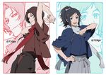 2boys anime_coloring arms_up black_hair blue_eyes brown_hair earrings hand_on_hip japanese_clothes jewelry kashuu_kiyomitsu male_focus mole mole_under_eye mole_under_mouth multiple_boys nail_polish open_mouth ponytail red_eyes red_nails scarf smile touken_ranbu yamato-no-kami_yasusada zoom_layer 