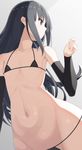  arm_warmers asashio_(kantai_collection) bare_shoulders bikini black_hair blue_eyes collarbone eyebrows eyebrows_visible_through_hair flat_chest grey_background groin kantai_collection long_hair looking_away looking_to_the_side micro_bikini navel samegami simple_background solo striped striped_bikini swimsuit 
