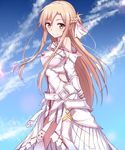  asuna_(sao) bare_shoulders braid breastplate brown_eyes brown_hair cloud condensation_trail day dress french_braid long_hair sky smile solo sword_art_online tsuedzu white_dress white_legwear 