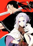  arslan arslan_senki black_hair blue_eyes cape daryoon gloves long_hair male_focus multiple_boys nmunco ponytail purple_eyes silver_hair sword weapon 