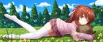  animal bell blush boar botan_(clannad) bow brown_eyes brown_hair clannad cloud crossover day eyebrows eyebrows_visible_through_hair grass highres hug kazenokaze little_busters! long_hair looking_at_viewer lying natsume_rin no_shoes on_stomach one_eye_closed pig pink_bow plaid plaid_skirt ponytail ribbon skirt smile thighhighs tree white_legwear x_x zettai_ryouiki 