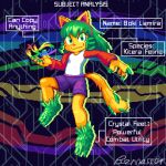  animal_humanoid anthro bennascar2 boki_lamira cat_humanoid clothed clothing copy_kitty crystal_armor digital_media_(artwork) english_text felid felid_humanoid feline feline_humanoid female green_eyes green_hair hair humanoid looking_at_viewer mammal mammal_humanoid pixel_(artwork) rainbow_colors shirt solo text topwear yellow_body 
