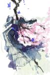  1girl blue_dress bug butterfly center_frills cherry_blossoms dress frills headless long_dress long_sleeves purple_sash saigyou_ayakashi saigyouji_yuyuko sash sketch solo touhou tree wide_sleeves xian_qishui 