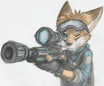  anthro blue_eyes canine clothed clothing eyewear fingerless_gloves fox fur gloves goggles gun holding_object holding_weapon male mammal one_eye_closed orange_fur ranged_weapon simple_background sketch solo thanshuhai weapon white_background 