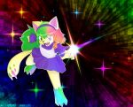  absurd_res alicemoon(chickenboobs) animal_humanoid anthro boki_lamira bottomwear cat_humanoid clothed clothing copy_kitty crown crystal_armor digital_media_(artwork) domestic_cat drill_curls fangs felid felid_humanoid feline feline_humanoid felis female green_eyes green_hair hair headgear hi_res humanoid long_hair looking_at_viewer mammal mammal_humanoid rainbow_colors skirt solo sparks tail teeth tiara yellow_body 