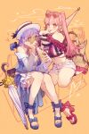  2girls alternate_costume bikini blue_bikini blue_hair blue_sarong braid breasts brown_eyes cleavage crown_braid cup drinking drinking_straw eyewear_on_head faithom fire_emblem fire_emblem:_three_houses fire_emblem_heroes hat highres hilda_valentine_goneril hilda_valentine_goneril_(summer) holding holding_cup large_breasts lemonade long_hair looking_at_viewer marianne_von_edmund marianne_von_edmund_(summer) multiple_girls navel off-shoulder_bikini off_shoulder official_alternate_costume parasol pink-tinted_eyewear pink_bikini pink_eyes pink_hair sarong shorts smile striped_bikini striped_clothes sunglasses swimsuit tinted_eyewear twintails umbrella vertical-striped_bikini vertical-striped_clothes white_shorts 