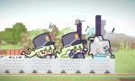  ! 3girls animal_ears blue_archive blue_halo chibi chibi_only commentary day explosive grass green_hair green_halo grey_hair halo hat highres hikari_(blue_archive) ishikoro24 long_hair minecart minecraft multiple_girls musical_note nozomi_(blue_archive) outdoors shiroko_(blue_archive) tnt tnt_block_(minecraft) 