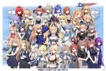  &gt;_&lt; 6+girls absurdres ahoge alcohol american_flag atlanta_(kancolle) black_gloves black_one-piece_swimsuit blonde_hair blue_hair bottle bow breast_press breasts brooklyn_(kancolle) brown_hair cleavage closed_eyes colorado_(kancolle) country_connection dress drum_(kancolle) enemy_lifebuoy_(kancolle) everyone fingerless_gloves fletcher_(kancolle) flower gambier_bay_(kancolle) gambier_bay_mk_ii_(kancolle) garrison_cap general_belgrano_(kancolle) glasses gloves grey_eyes hair_between_eyes hair_bow hair_flower hair_ornament hairband hairclip hand_on_own_hip hands_on_own_hips hat headgear helena_(kancolle) heywood_l._edwards_(kancolle) highres holding holding_bottle honolulu_(kancolle) hornet_(kancolle) houston_(kancolle) index_finger_raised intrepid_(kancolle) iowa_(kancolle) jacket johnston_(kancolle) kantai_collection langley_(kancolle) large_breasts lexington_(kancolle) long_hair long_necktie maryland_(kancolle) massachusetts_(kancolle) medium_breasts medium_hair mini_hat minneapolis_(kancolle) multicolored_hair multiple_girls nazono_neko necktie nevada_(kancolle) northampton_(kancolle) one-piece_swimsuit open_mouth own_hands_together phoenix_(kancolle) ponytail purple_eyes purple_hair purple_necktie purple_sailor_collar ranger_(kancolle) red_hair sailor_collar sailor_dress salmon_(kancolle) samuel_b._roberts_(kancolle) saratoga_(kancolle) scamp_(kancolle) scarf school_uniform serafuku shirt skirt small_breasts south_dakota_(kancolle) star_(symbol) star_hair_ornament streaked_hair swimsuit tuscaloosa_(kancolle) twintails two-tone_one-piece_swimsuit v wahoo_(kancolle) washington_(kancolle) wavy_hair white_dress white_flower white_one-piece_swimsuit white_overskirt white_scarf 