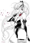  1girl bare_shoulders breasts commentary_request cross_hair_ornament dead_or_alive dead_or_alive_5 elbow_gloves expressionless fingerless_gloves frilled_leotard frilled_thighhighs frills gloves hair_ornament highleg highleg_leotard hiragoma leotard long_hair marie_rose monochrome parted_lips petals profile small_breasts solo spot_color thigh_strap thighhighs twintails very_long_hair 