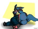  2015 3_toes 4_fingers abstract_background anthro anus backsack balls belt blue_fur blush butt canine claws clothed clothing edit fur hand_on_butt holding_butt looking_at_viewer looking_back lucario lying male mammal nintendo on_side pants pants_down partially_clothed pawpads paws perineum pok&eacute;mon presenting presenting_anus presenting_hindquarters qmanshark rear_view red_eyes simple_background solo toes underwear underwear_down video_games 