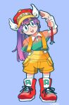  1girl dr._slump full_body glasses gloves gradient_clothes gradient_shirt hat head_wings highres holding_limb long_hair looking_at_viewer nanjima_command norimaki_arale red_hat red_shoes shirt shoes shorts solo tongue tongue_out white_gloves wings yellow_shorts 