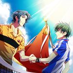  blue_hair chikariya echizen_ryooma flag green_hair handshake headband multiple_boys net sportswear sweat tennis_no_ouji-sama tennis_uniform yukimura_seiichi 