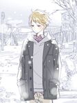  blonde_hair blush brown_eyes coat hands_in_pockets hood hoodie kanbara_akihito kyoukai_no_kanata male_focus nmunco snowing solo 