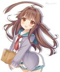  ahoge blush box brown_eyes brown_hair kantai_collection ko_yu kuma_(kantai_collection) long_hair looking_at_viewer open_mouth school_uniform shorts simple_background solo white_background 